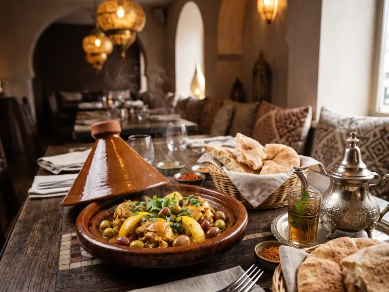 طبلة ديال مطعم مغربي فيها طاجين